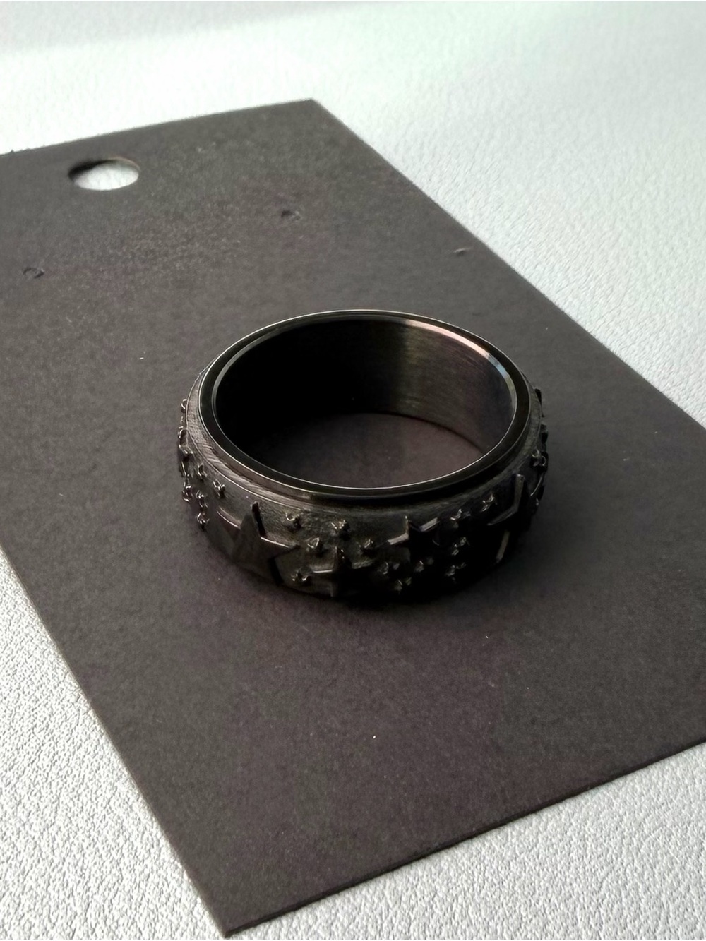 Men's Black Spinner Ring with Star Pattern